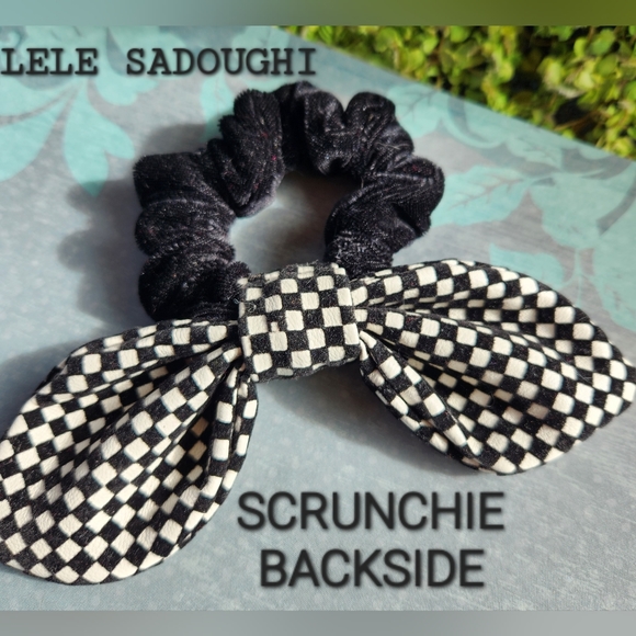 LELE SADOUGHI B & W Checked Velvet Rabbit Ears Hair Ponytail BLACK Scrunchie NEW - Picture 9 of 9
